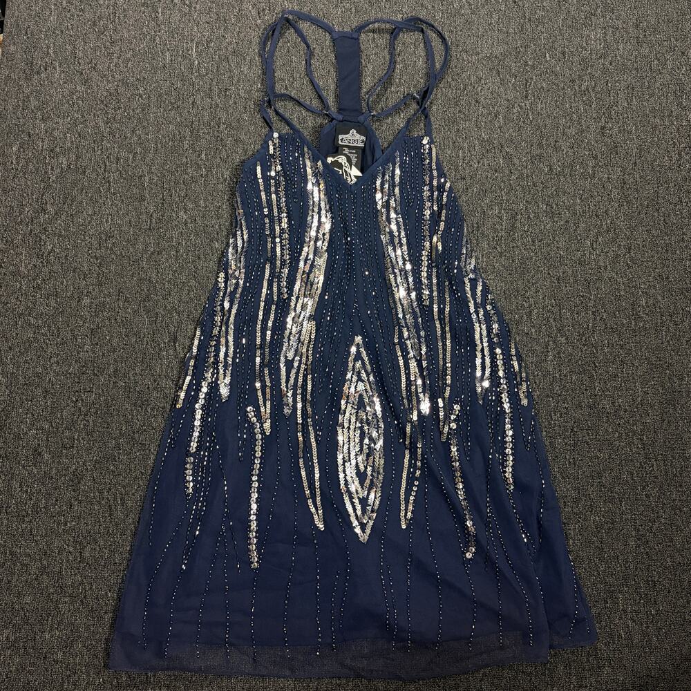 Vintage Y2k Sequin Embellished Mini Navy Tank Top Shift Dress Women's Small Nwt